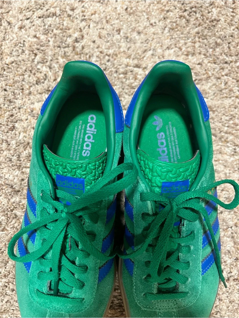 adidas Green Suede Sneakers with Blue Stripes and Gum Platform
